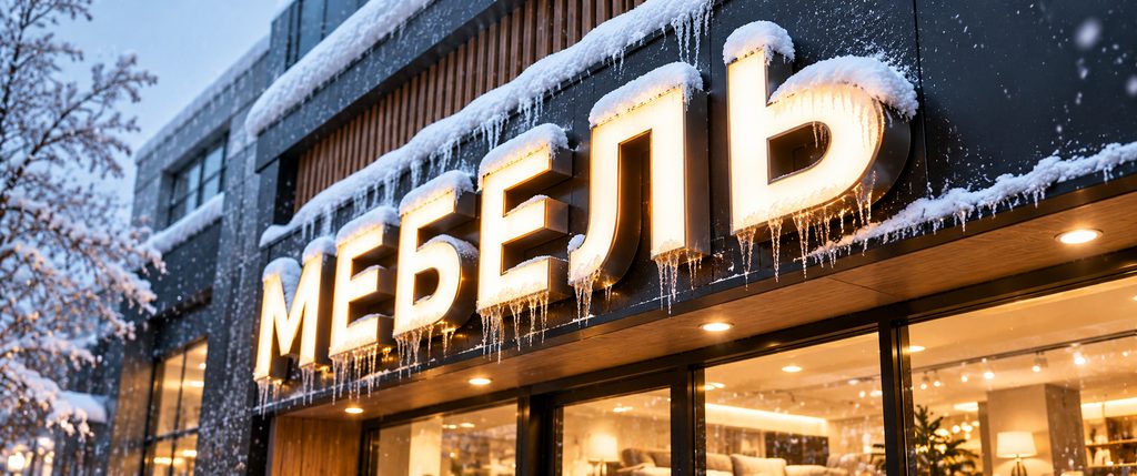 Вывеска мебельного магазина на заснеженной улице